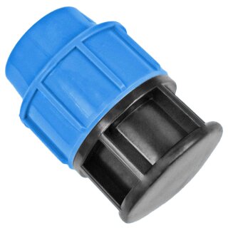 PP-Fitting Klemmverbinder, Stopfen, 25mm, Trinkwasser geeignet, Druck 16 Bar, für PE-Rohr-Außendurchmesser 25mm, Kappe Endstück Verschluß Abschluß Deckel, blau