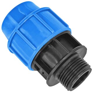 PP-Fitting Klemmverbinder, Übergang, 32mm x 3/4 Zoll AG, Trinkwasser geeignet, Druck 16 Bar, für PE-Rohr-Außendurchmesser 32mm, 3/4 Zoll Außengewinde, Adapter blau