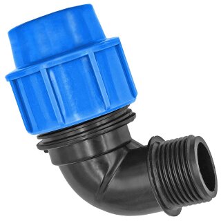 PP Fitting Klemmverbinder für PE Rohr > Winkel mit 1 Zoll Außengewinde für 40mm Außendurchmesser Trinkwasser PN16 Kupplung Verschraubung blau