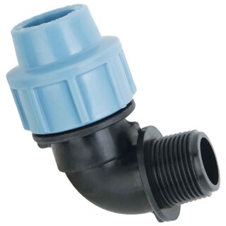PP Fitting Klemmverbinder für PE Rohr > Winkel mit 1 1/4 Zoll Außengewinde für 40mm Außendurchmesser Trinkwasser PN16 Kupplung Verschraubung blau