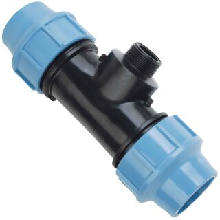 PP Fitting Klemmverbinder für PE Rohr > T-Stück mit 3/4 Zoll Außengewinde für 32mm Außendurchmesser Trinkwasser PN16 Verschraubung blau