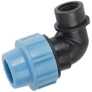 PP Fitting Klemmverbinder für PE Rohr > Winkel mit 1/2 Zoll Innengewinde für 32mm Außendurchmesser Trinkwasser PN16 Kupplung Verschraubung blau