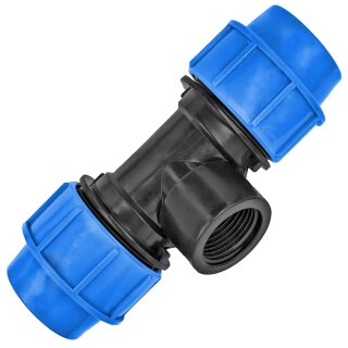 PP-Fitting Klemmverbinder T-Stück, 25mm x 1/2“ IG x 25mm, Trinkwasser geeignet, Druck 16 Bar, für PE-Rohr-Außendurchmesser 25mm, 1/2 Zoll Innengewinde, Adapter, blau