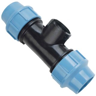 PP Fitting Klemmverbinder für PE Rohr > T-Stück mit 1 Zoll Innengewinde für 32mm Außendurchmesser Trinkwasser PN16 Verschraubung blau