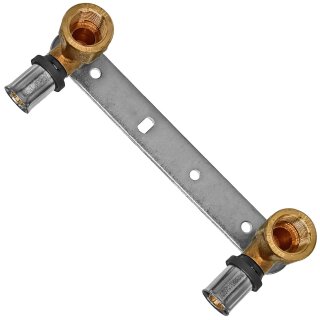 Press-Fitting für Mehrschichtverbundrohr > Wandwinkel montiert auf Montageplatte Stichmass 153 mm (i-IG) (i-IG) 2x Ø 20mm x 2,0mm auf 1/2 Zoll