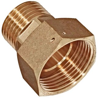 Gewindefitting Messing, Zähler-Verschraubung, 1 1/4"AG 1 1/2“IG, Trinkwasser geeignet, 1 1/4 Zoll Außengewinde und 1 1/2 Überwurfmutter mit Bohrung für Plombe, Wasser-Uhr