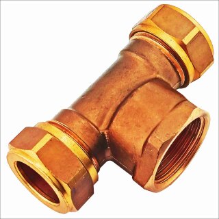 Schraubfitting Kupferrohr, T-Stück, 28mm x 1 Zoll IG Messing Klemmringverschraubung, Trinkwasser geeignet, für Rohr-Außendurchmesser 28mm, Mittenabgang 1 Zoll Innengewinde