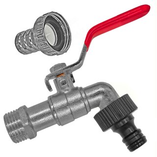 Auslaufhahn aus Zink mit Kunststoff Stecker für Gardena Buchse, Hebelgriff rot 3/4" und 1/2" Wandanschluss