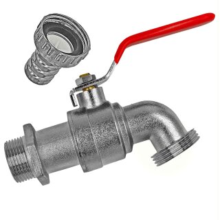 Auslaufhahn Voller Durchlass aus Zink mit Außengewinde, Hebelgriff rot Zulauf 3/4", Auslauf 3/4 + 1" AG (Adapter)