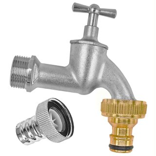 Auslaufhahn aus Messing matt verchromt mit Stecker für Gardena Buchse, Knebelgriff Messing Chrom