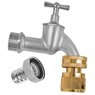 Auslaufhahn aus Messing matt verchromt mit Buchse für Gardena Stecker, Knebelgriff Messing Chrom