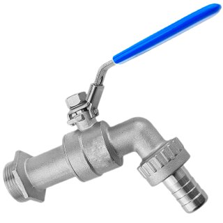 Auslaufhahn aus Edelstahl V4A mit Schlauchtülle, Hebelgriff blau