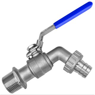 Auslaufhahn aus Edelstahl V4A mit Schlauchtülle, Hebelgriff blau 1" Wandanschluss mit 25mm Tülle 1" Schlauch