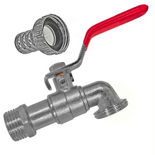 Auslaufhahn aus Zink mit Außengewinde, Hebelgriff rot Zulauf 1", Auslauf 1" AG (Adapter)