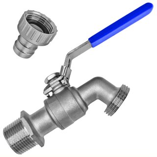 Auslaufhahn aus Edelstahl V4A mit Außengewinde, Hebelgriff blau 1/2" Wandanschluss mit 1/2" Auslauf