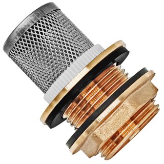 Regentonnendurchführung Messing, Außengewinde, Innengewinde, Edelstahl-Filter für 34mm LochØ mit 1" AG x 3/4" IG