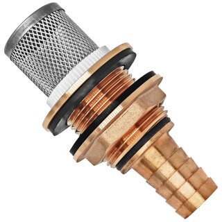 Regentonnendurchführung Messing, Schlauchtülle, Edelstahl-Filter für 43mm LochØ mit 25mm Tülle-AußenØ (1" Schlauch)