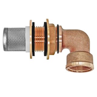 Regentonnendurchführung Messing Winkel 90 Grad, Innengewinde, Edelstahl-Filter Für 43mm LochØ mit 1" IG