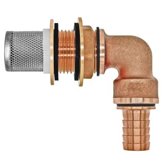 Regentonnendurchführung Messing Winkel 90 Grad, Schlauchtülle, Edelstahl-Filter Für 34mm LochØ mit 19mm Tülle-AußenØ (3/4" Schlauch)