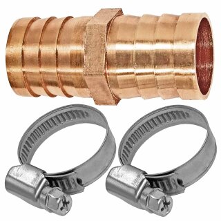 Schlauchverbinder gerade aus Messing Tülle x Tülle mit 2 Edelstahl-Schellen 41mm