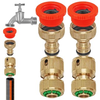 Set 2 Stecker mit Innengewinde ½ Zoll und ¾ Zoll Adapter IG mit Dichtungen und 2 Buchsen mit Schlauch-Anschluß, Messing Schnell-Verbinder Kupplung Stecksystem passt für Gardena Garten