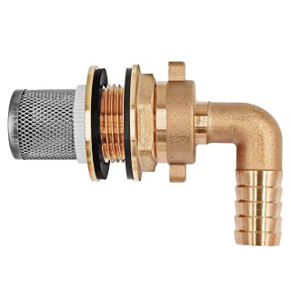 Regentonnendurchführung Messing Winkel 90 Grad, Überwurfverschraubung-Schlauchtülle, Edelstahl-Filter Für 22mm LochØ mit 13mm Tülle-AußenØ (1/2" Schlauch)