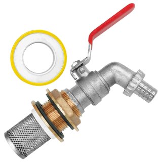 Regentonnendurchführung Messing, Auslaufhahn mit Volldurchlass, Schlauchtülle, Edelstahl-Filter