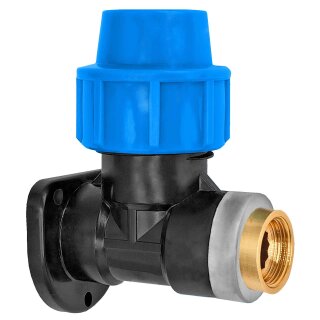 PP-Fitting Klemmverbinder Wandwinkel, 32mm x 1 Zoll IG, Trinkwasser geeignet, Druck 16 Bar, PE-Rohr-Außendurchmesser 32mm, Deckenwinkel für Metallgewinde mit Adapter, Wasserhahn